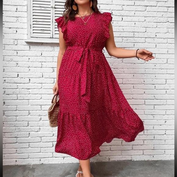 Plus Size Polka Dot Print Butterfly Sleeve Ruffle Hem Belted Dress - Picture 5 of 5